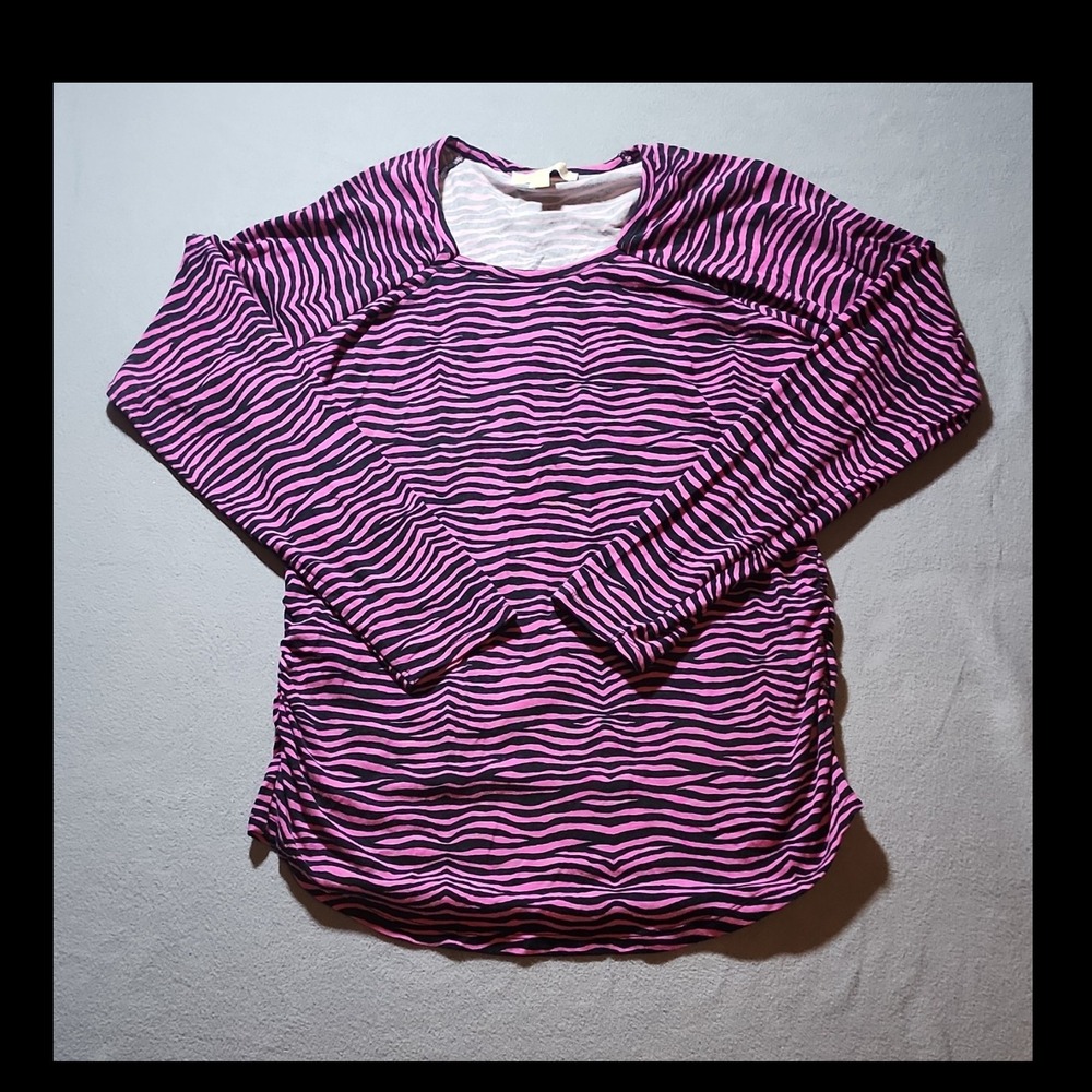 Michael Kors Pink Black Zebra Knit Cotton T-Shirt XL Round Neck Long Sleeve